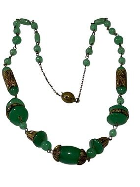 Art Deco Czech Uranium Glass Necklace UV Glow Green Filigree Neiger Era Necklace